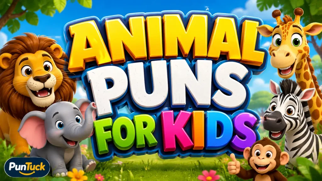 Animal Puns for Kids thumbnail with colorful cartoon animals in a sunny jungle