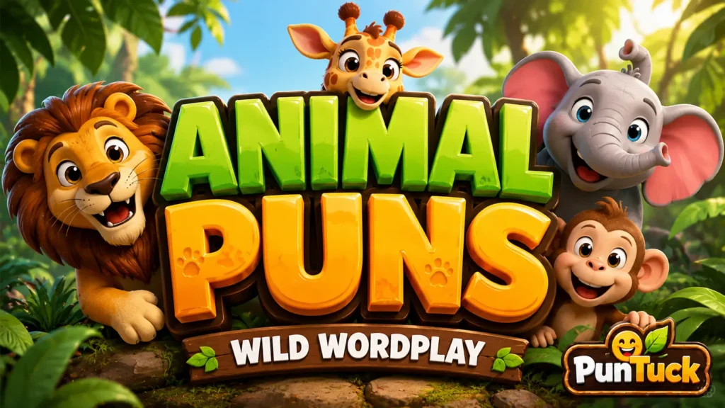 A vibrant featured image for PunTuck featuring large 3D text for animal puns and a smiling lion mascot.