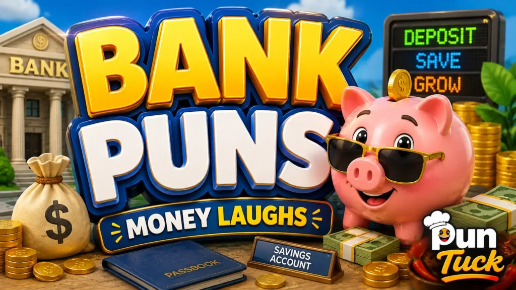 A vibrant featured image for PunTuck featuring large 3D text for bank puns and a smiling piggy bank mascot.