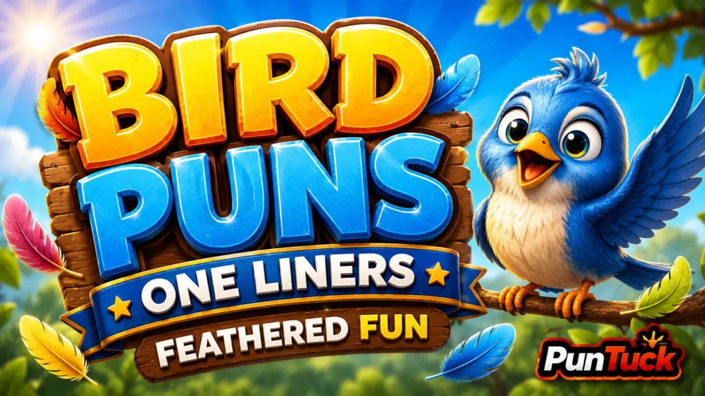 bird puns one liners thumbnail with a colorful blue bird and bold 3D typography