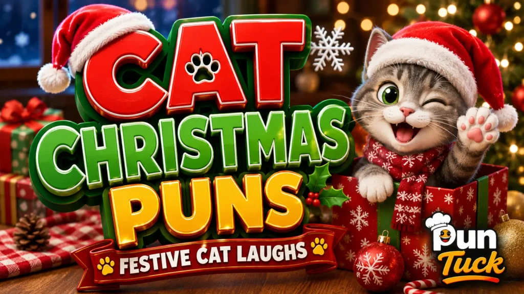 A vibrant featured image for PunTuck featuring large 3D text for cat christmas puns and a smiling cat mascot in a Santa hat.