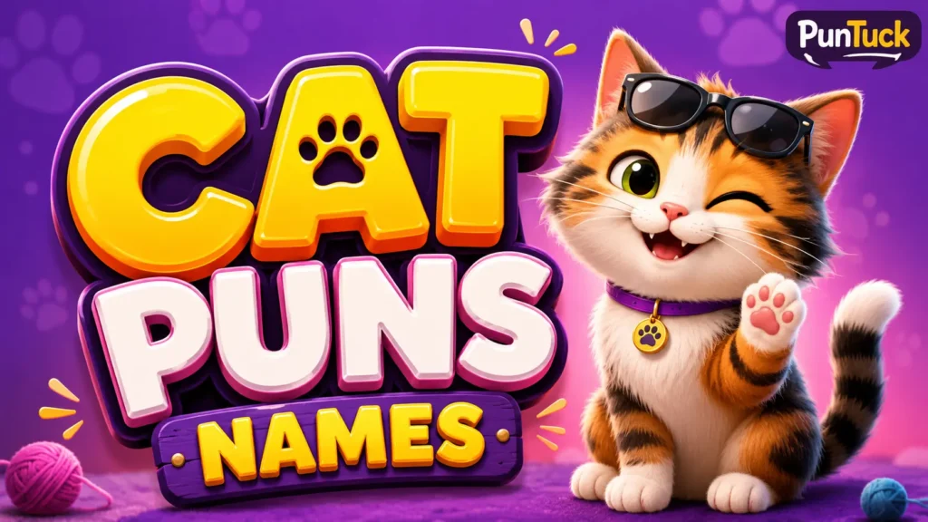 Cat Puns Names thumbnail featuring a cheerful tabby cat with bold 3D lettering