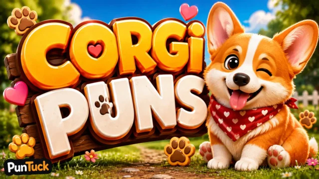 Corgi puns thumbnail with a cute winking corgi and bold 3D lettering