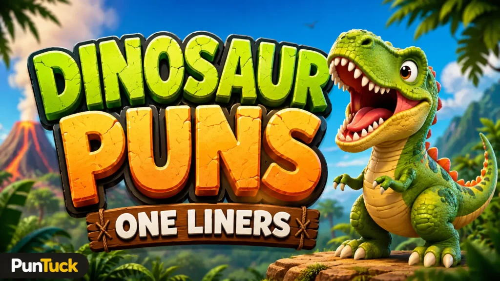 Dinosaur Puns One Liners thumbnail with a cheerful green T. rex mascot