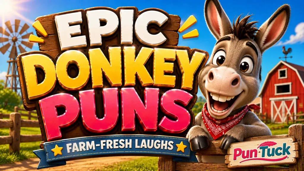 A vibrant featured image for Pun Tuck featuring large 3D text "DONKEY PUNS" and a smiling donkey mascot.