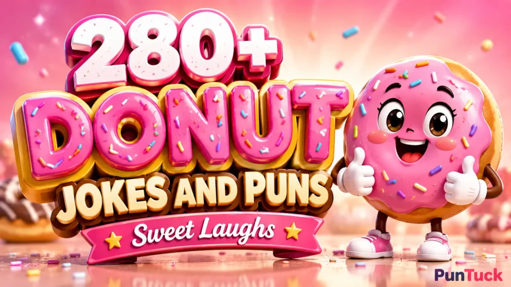 A vibrant featured image for PunTuck featuring 3D text "DONUT JOKES AND PUNS" and a smiling donut mascot.