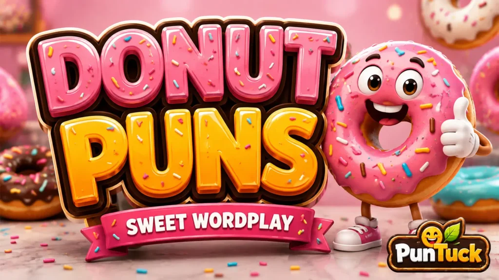 A vibrant featured image for PunTuck featuring large 3D text for donut puns and a smiling donut mascot in a baker's hat.