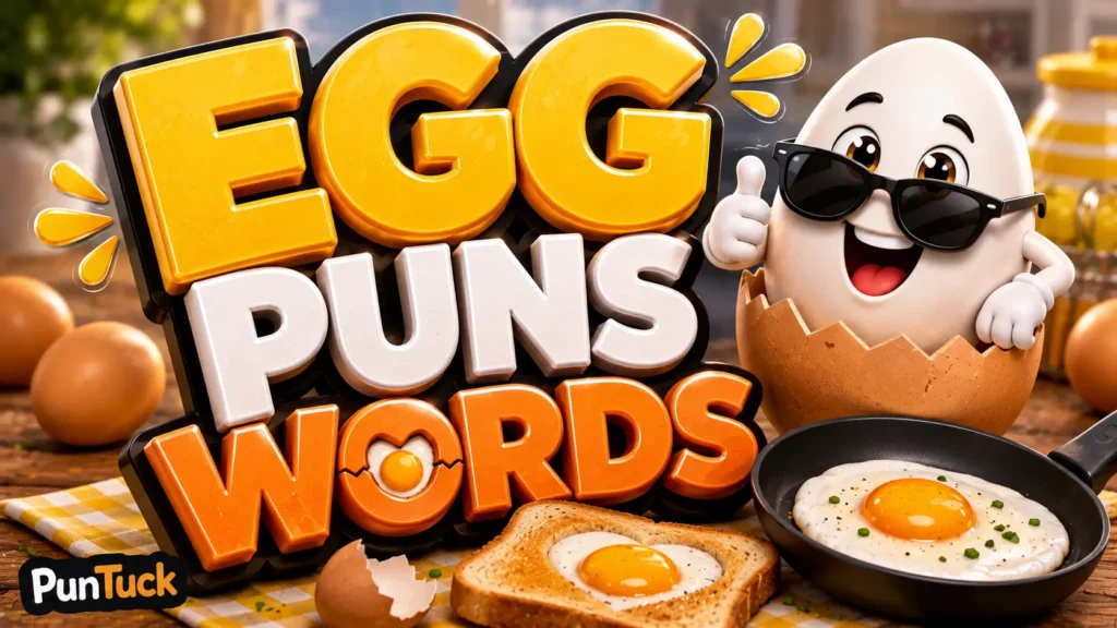 Egg Puns Words thumbnail with a cute egg mascot, fried eggs, and bold 3D lettering