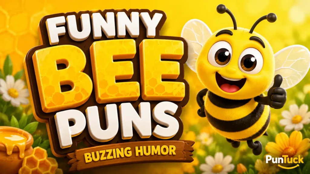 Funny bee puns featured image with bold 3D lettering and a cheerful cartoon bee