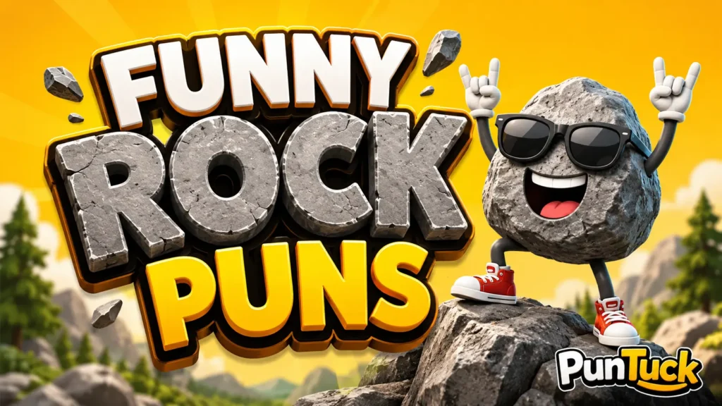 Funny Rock Puns thumbnail with a cheerful cartoon rock mascot and colorful geological scenery