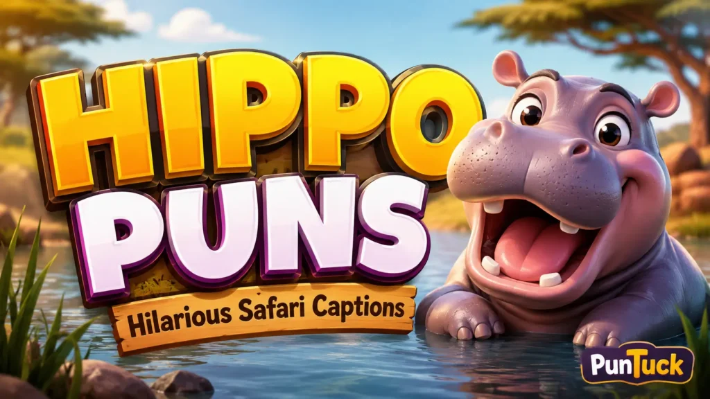 Colorful cartoon hippo with bold hippo puns typography for safari captions