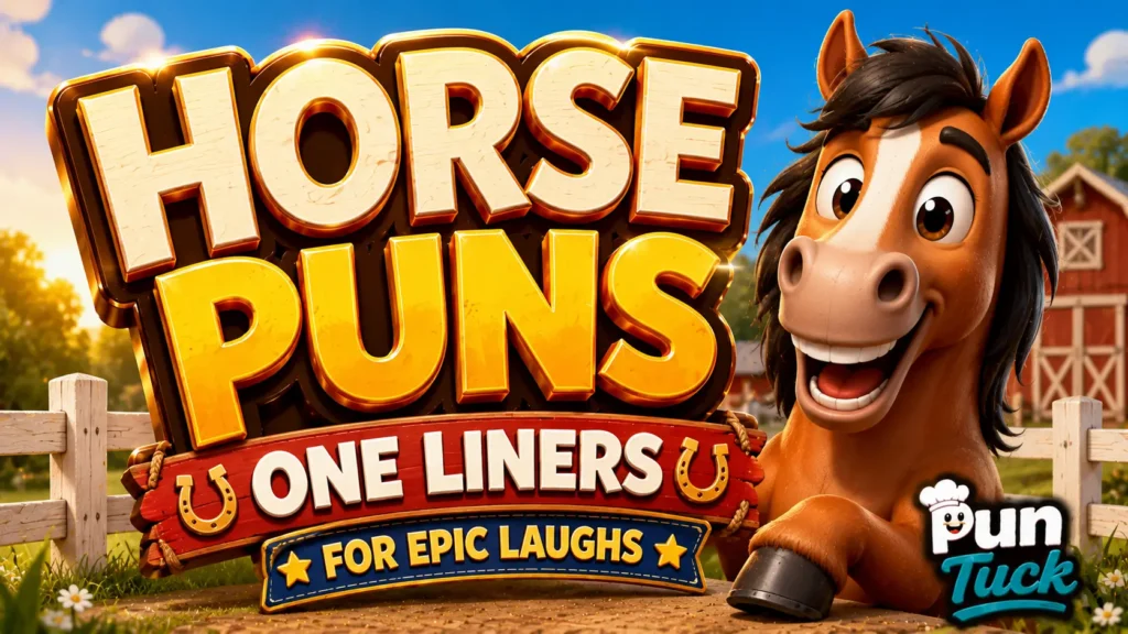 A vibrant featured image for Pun Tuck featuring large 3D text "funny coffee puns" and a smiling coffee mug mascot.