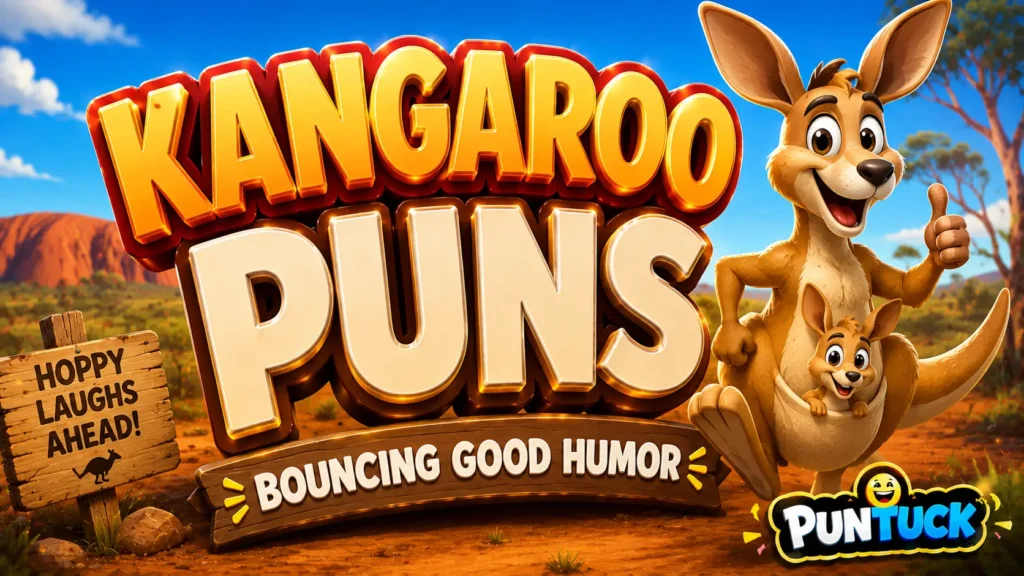 A vibrant featured image for PunTuck featuring large 3D text for kangaroo puns and a smiling kangaroo mascot.