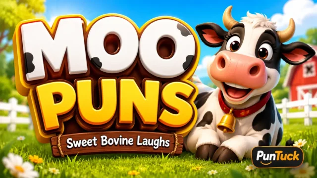 Moo Puns thumbnail with a cheerful cartoon cow in a sunny farm setting