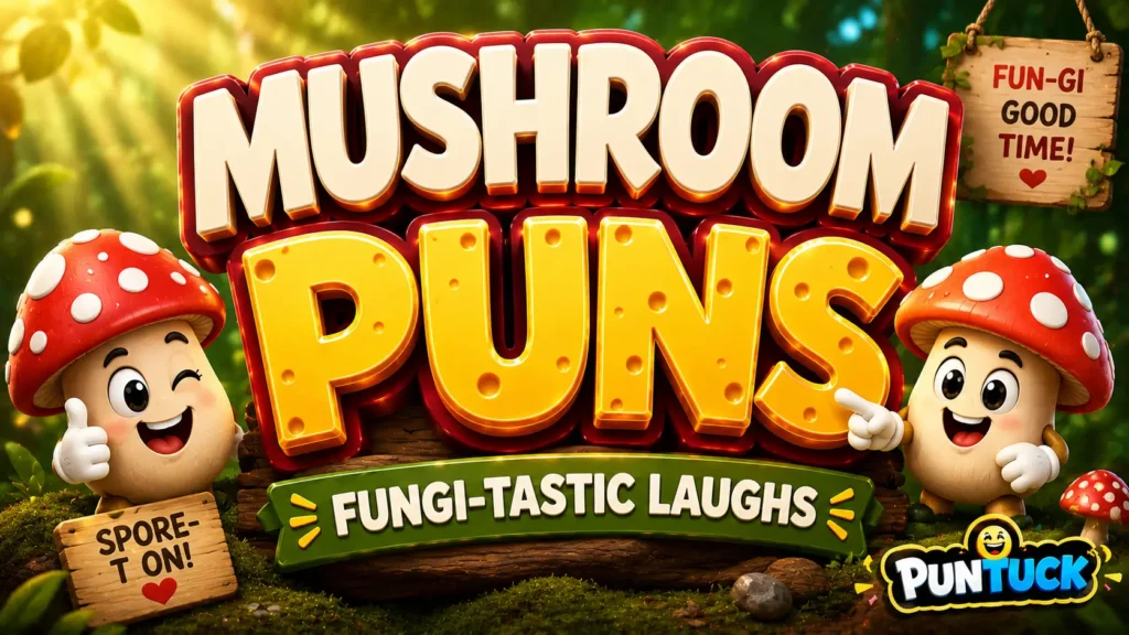 A vibrant featured image for PunTuck featuring large 3D text for mushroom puns and a smiling mushroom mascot.