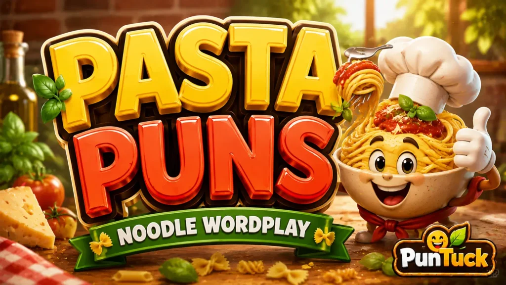 A vibrant featured image for PunTuck featuring large 3D text for pasta puns and a smiling bowl of spaghetti mascot.