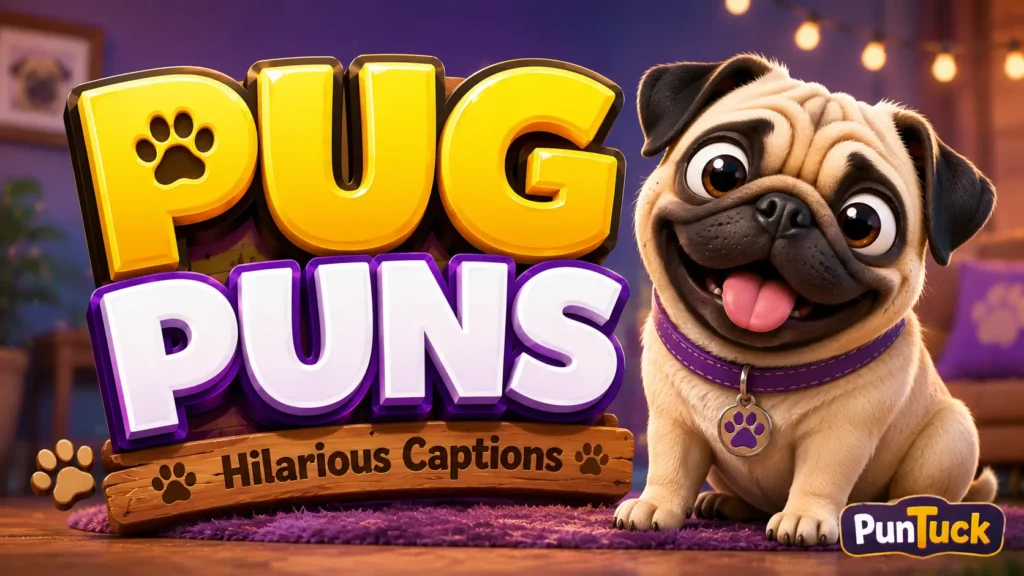 Cheerful pug with bold pug puns typography and a playful caption-themed design