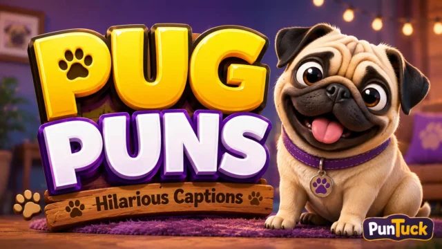 Cheerful pug with bold pug puns typography and a playful caption-themed design