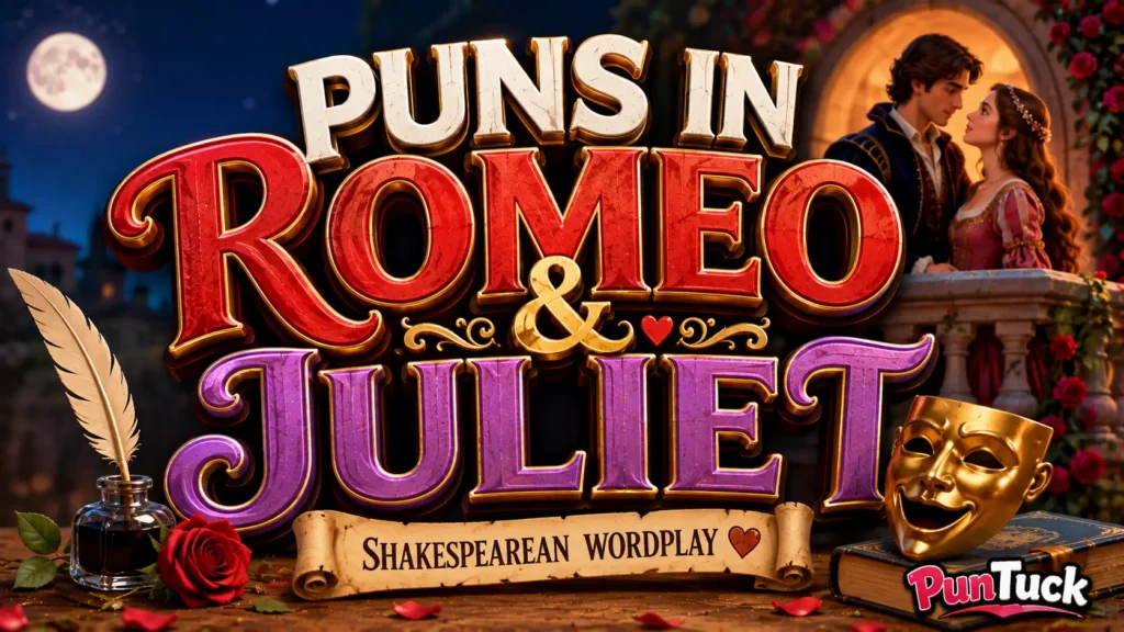 A vibrant featured image for PunTuck featuring large 3D text for puns in Romeo and Juliet and a theater mask mascot.