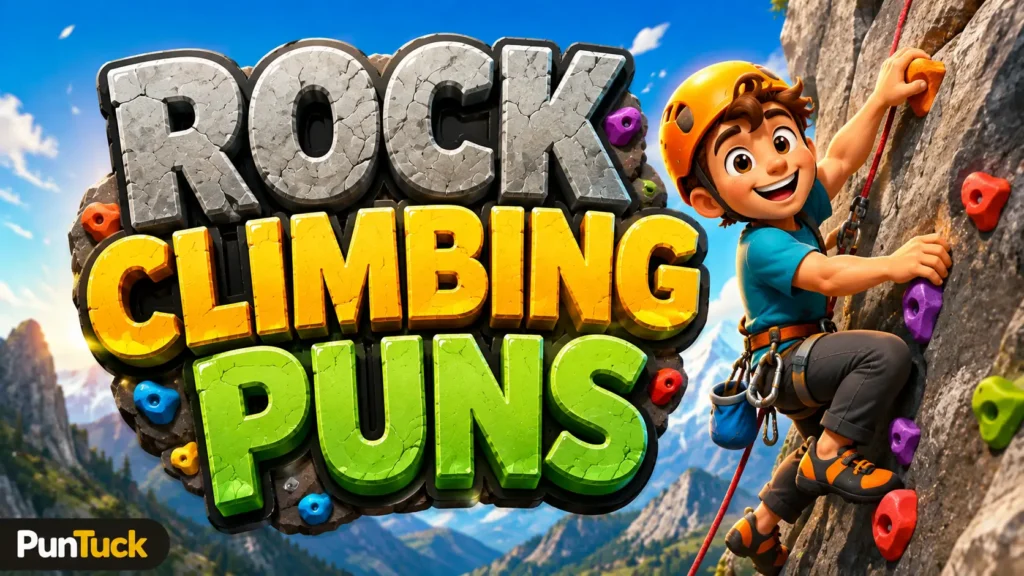Rock Climbing Puns thumbnail with a cheerful climber on a colorful mountain