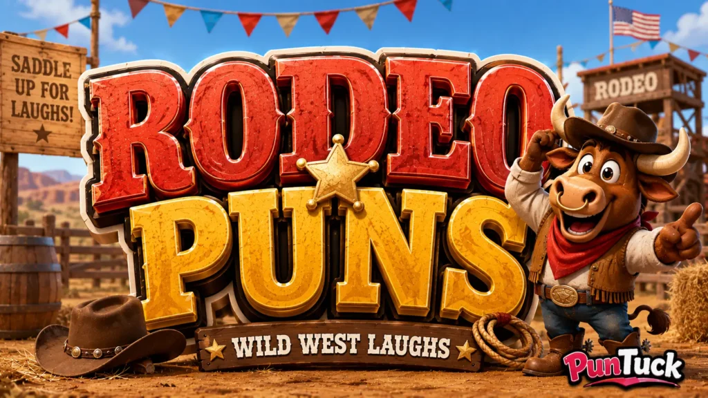 Colorful rodeo puns thumbnail with a cheerful cowboy bull and Western rodeo setting