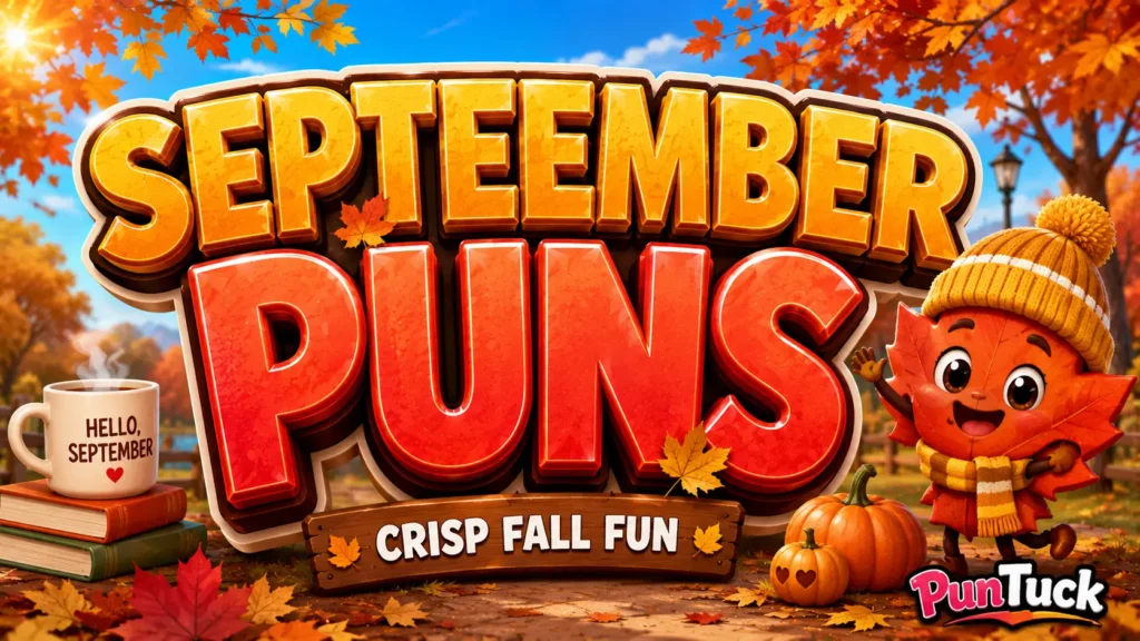 A vibrant featured image for PunTuck featuring large 3D text "september puns" and a smiling autumn leaf mascot.
