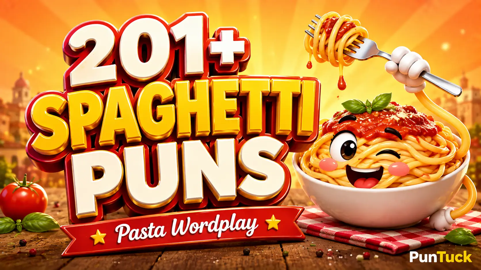 A vibrant featured image for PunTuck featuring 3D text "SPAGHETTI PUNS" and a smiling noodle mascot.
