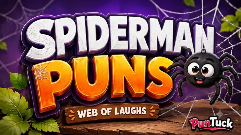 A vibrant featured image for PunTuck featuring large 3D text for spiderman puns and a smiling spider mascot.