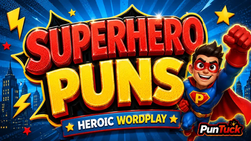 Superhero puns featured image with bold 3D typography and a heroic comic-style superhero mascot