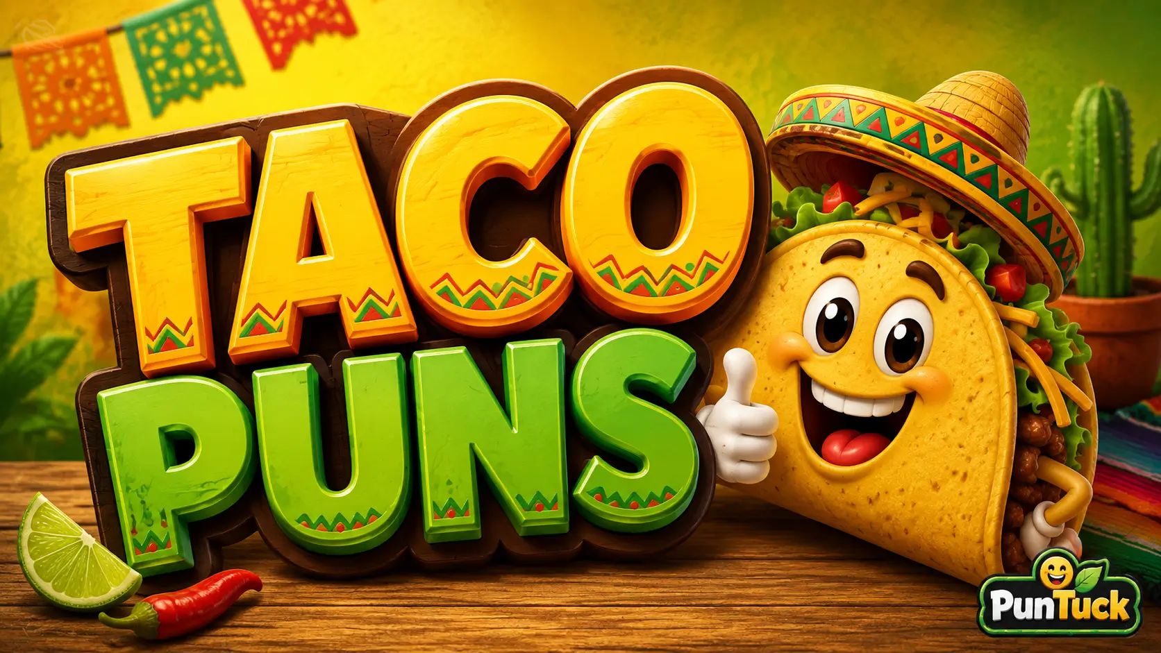 A vibrant featured image for PunTuck featuring large 3D text for taco puns and a smiling taco mascot in a sombrero.