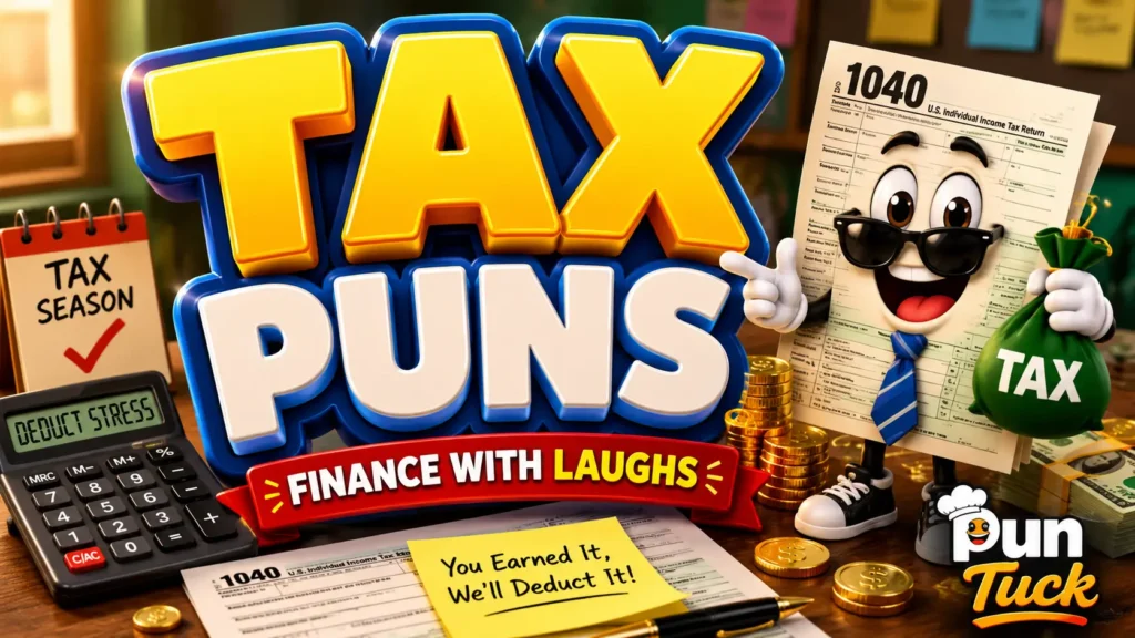 A vibrant featured image for PunTuck featuring large 3D text for tax puns and a smiling calculator mascot.