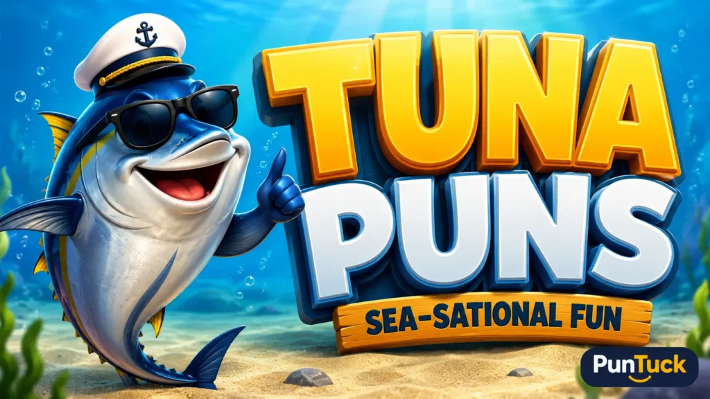 Cheerful cartoon tuna with bold 3D Tuna Puns typography in an underwater scene