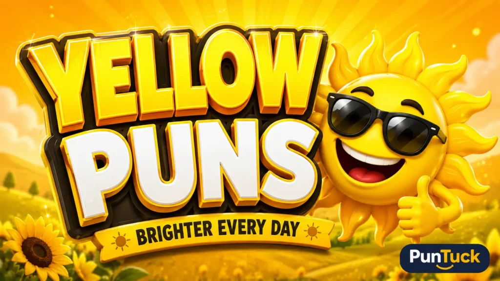 Cheerful smiling sun with bold 3D Yellow Puns typography in a bright golden scene