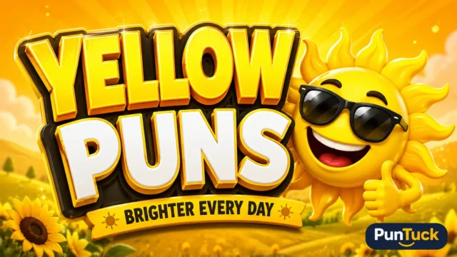Cheerful smiling sun with bold 3D Yellow Puns typography in a bright golden scene