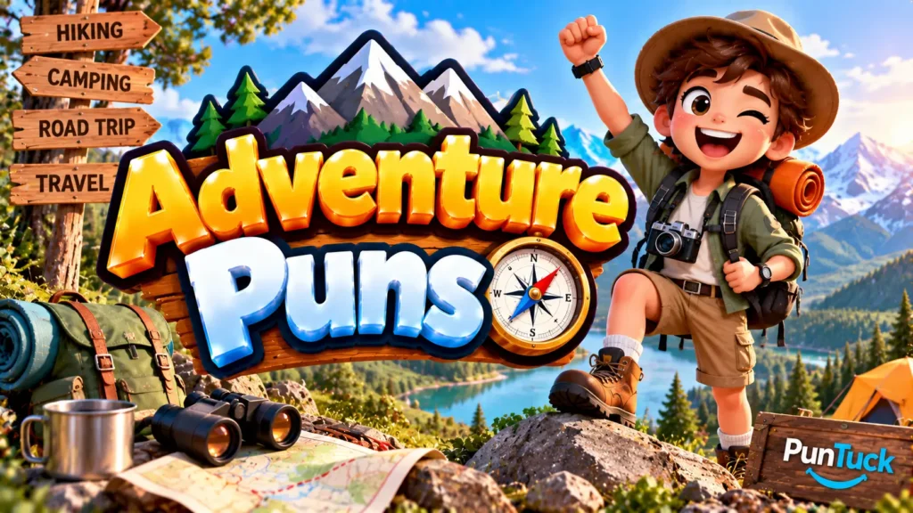Adventure Puns thumbnail with glossy 3D lettering, cheerful hiker, mountains, compass, camping gear, and lake