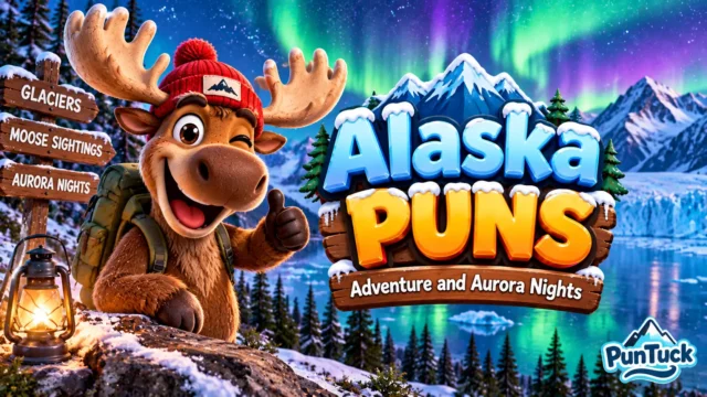 Alaska Puns thumbnail with a cheerful moose explorer under colorful northern lights