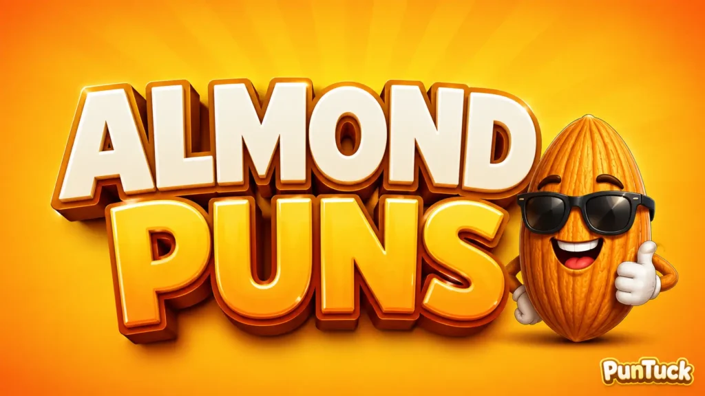 Almond Puns featured image with bold 3D typography and a fun almond mascot