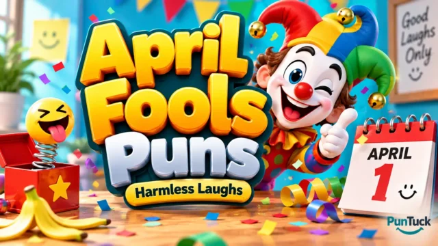 April Fools Puns thumbnail with colorful 3D lettering, jester mascot, confetti, and April 1 calendar