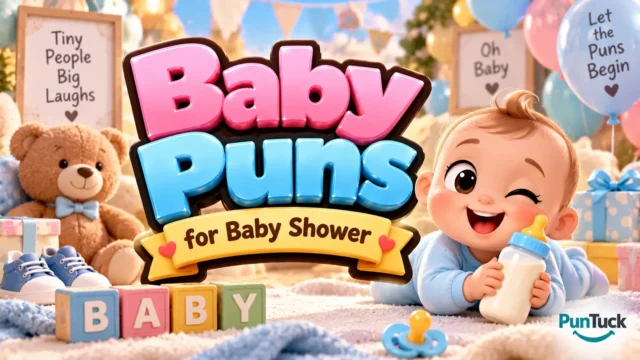 Baby Puns for Baby Shower thumbnail with glossy 3D lettering, smiling baby, teddy bear, gifts, and balloons