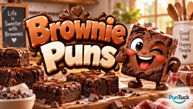 Brownie Puns thumbnail with glossy 3D lettering, brownie mascot, chocolate drizzle, and fresh baked brownies