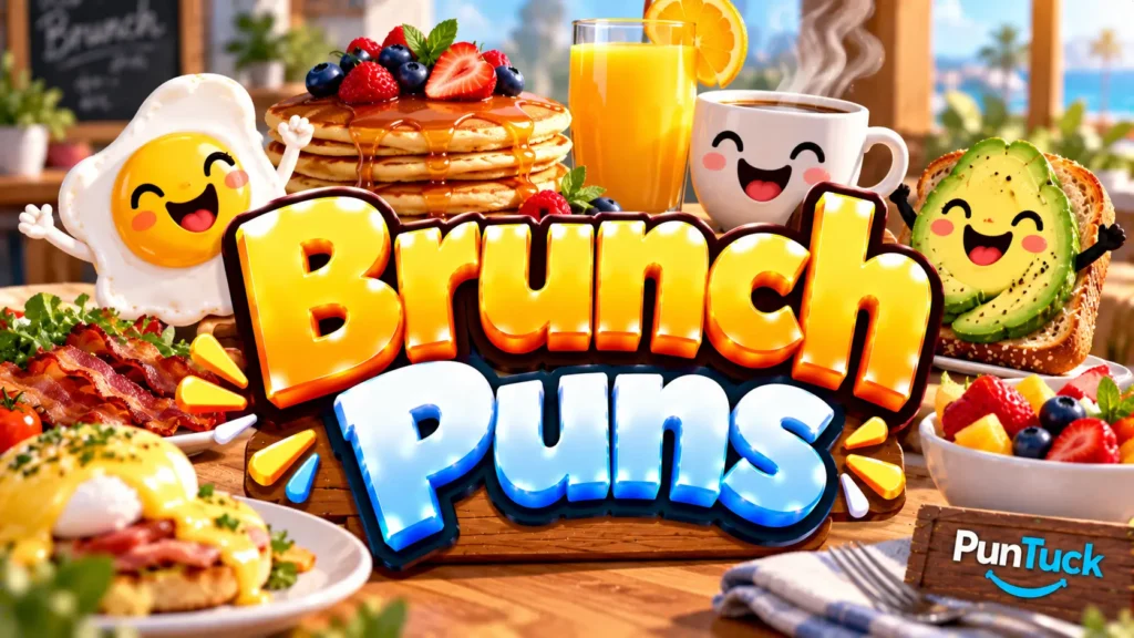 Brunch Puns thumbnail with glossy 3D lettering, smiling egg, pancakes, coffee, avocado toast, and fruit