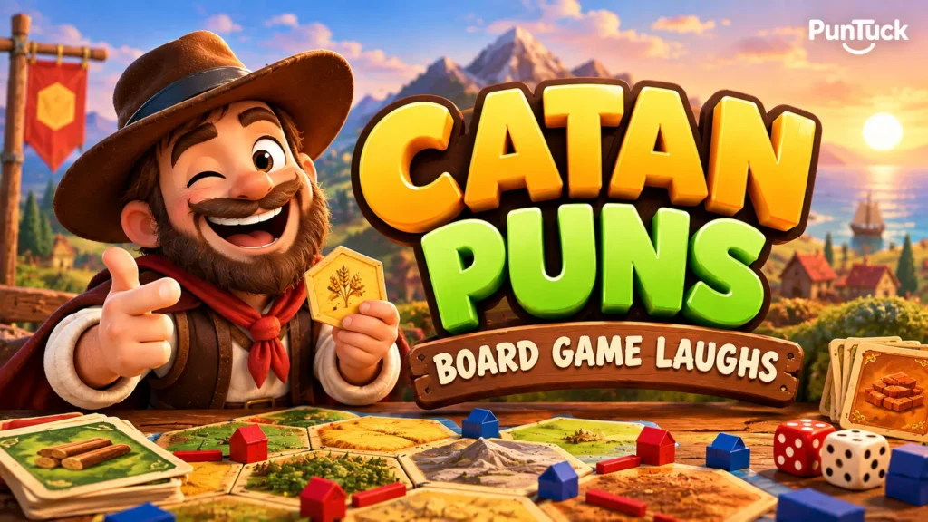 Catan puns thumbnail with a cheerful settler mascot and colorful board game pieces
