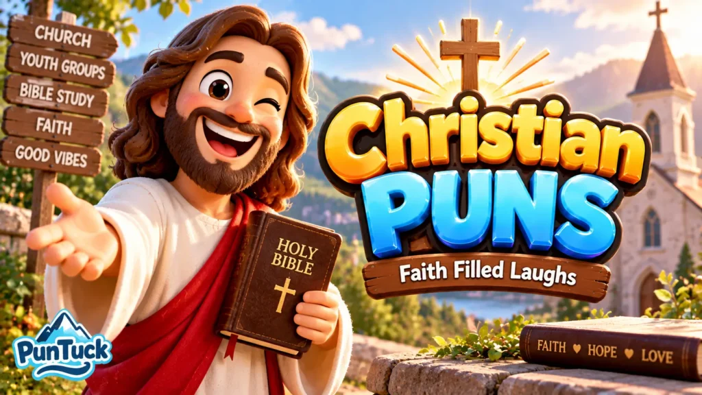 Christian Puns thumbnail featuring a joyful Christian scene, Bible, cross, and church