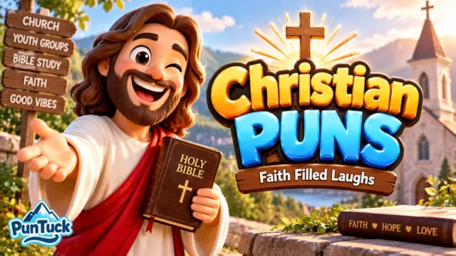 Christian Puns thumbnail featuring a joyful Christian scene, Bible, cross, and church