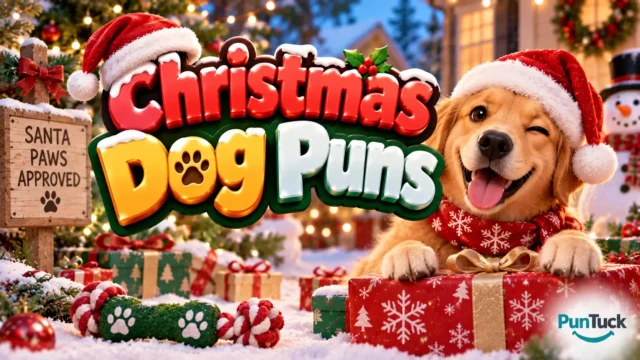 Christmas Dog Puns thumbnail with glossy 3D lettering, Santa dog, gifts, snow, and Christmas lights