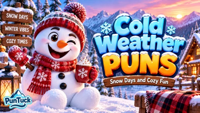 Cold Weather Puns thumbnail with a cheerful snowman holding a warm mug