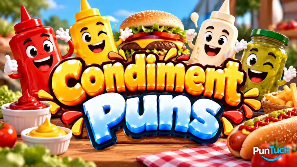 Condiment Puns thumbnail with glossy 3D lettering, smiling sauce bottles, burger, hot dog, fries, and picnic setting