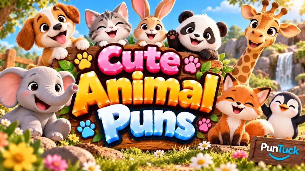 Cute Animal Puns thumbnail with glossy 3D lettering, adorable animals, flowers, trees, and bright nature scenery