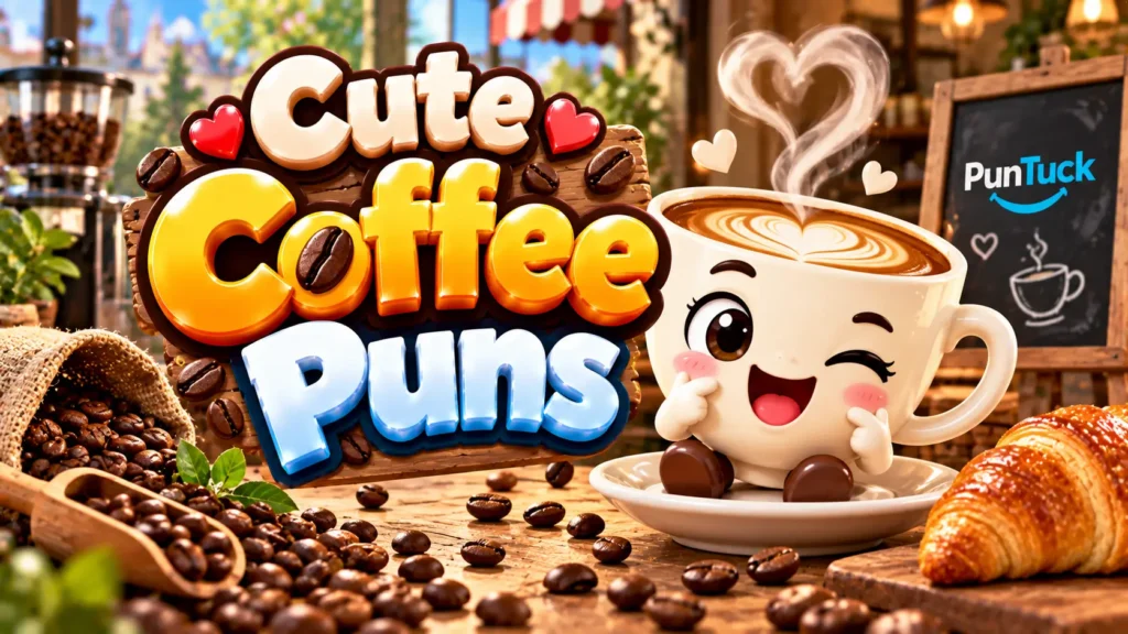 Cute Coffee Puns thumbnail with glossy 3D lettering, smiling latte mug, coffee beans, heart-shaped steam, and croissant