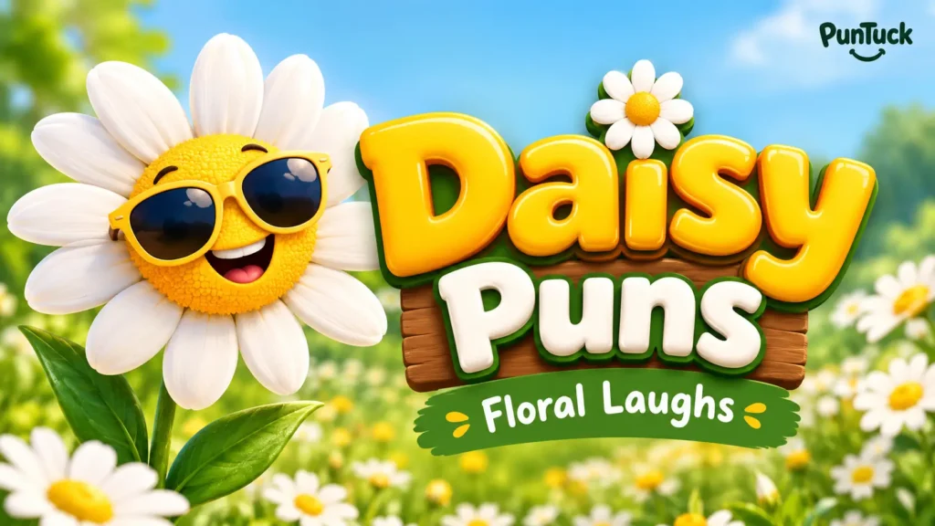 Cheerful daisy mascot with bold 3D Daisy Puns typography in a sunny meadow